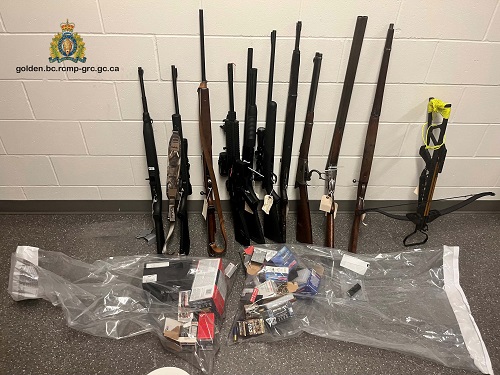 Image of seized items including 10 firearms, a crossbow and two exhibit bags full of ammunition