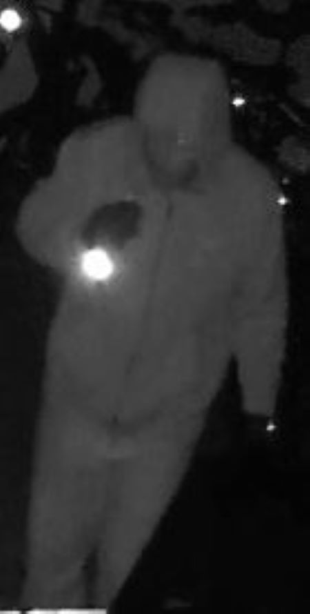 Suspect avec une lampe de poche : Un suspect vêtu d’une veste zippée et d’un chandail à capuchon, montré dans le mode de vision nocturne d’une vidéo de sécurité.