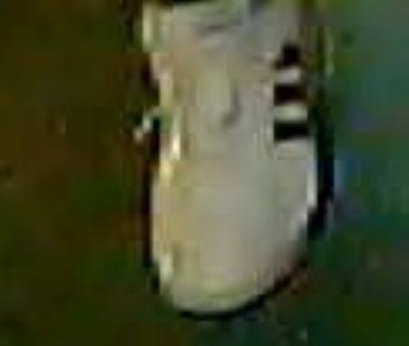 Shoe: a white sneaker with three dark strips on the left side. 